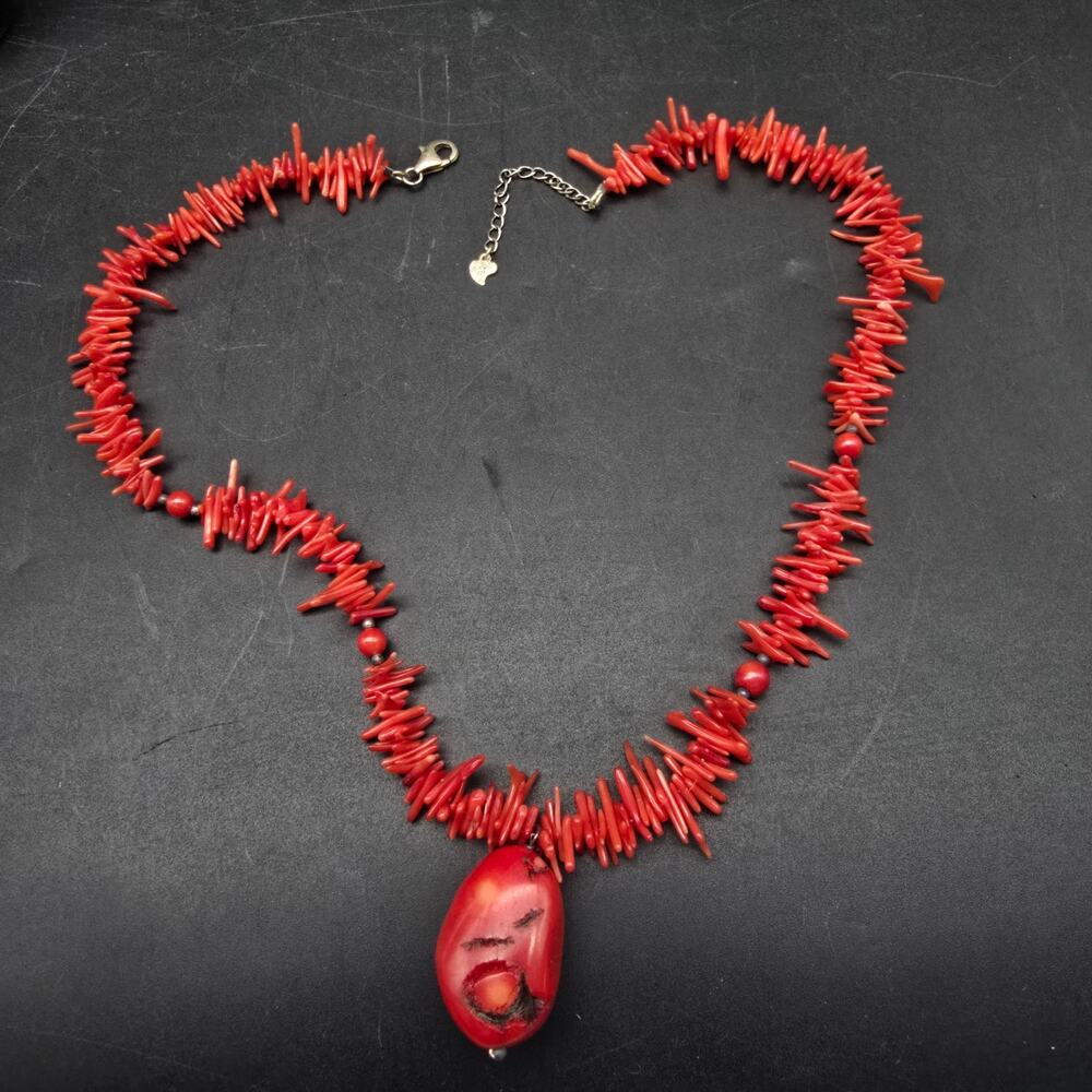 Red Branch Coral Necklace with Pendant MDNY 925 Sterling Silver Clasp
